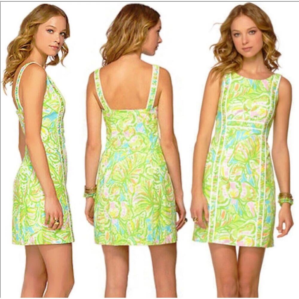 Lilly Pulitzer Green Floral Shift Dress Size 2 Elephant Ears Print